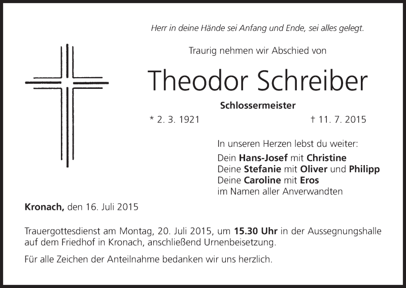  Traueranzeige für Theodor Schreiber vom 16.07.2015 aus MGO