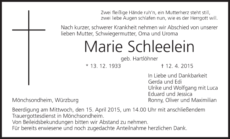  Traueranzeige für Marie Schleelein vom 14.04.2015 aus MGO