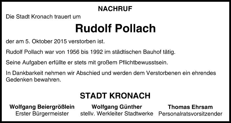  Traueranzeige für Rudolf Pollach vom 09.10.2015 aus MGO