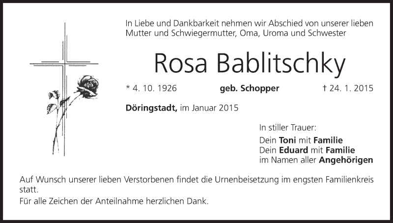  Traueranzeige für Rosa Bablitschky vom 28.01.2015 aus MGO