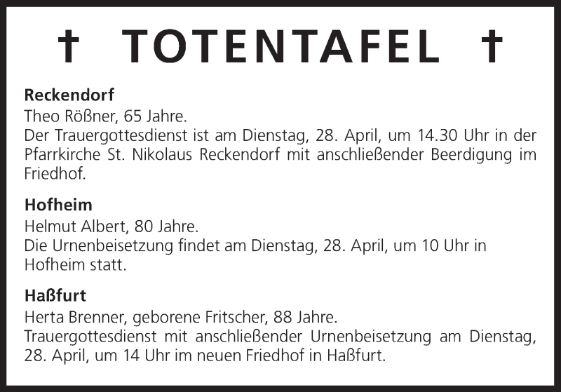  Traueranzeige für Totentafel vom 27.04.2015 vom 27.04.2015 aus MGO