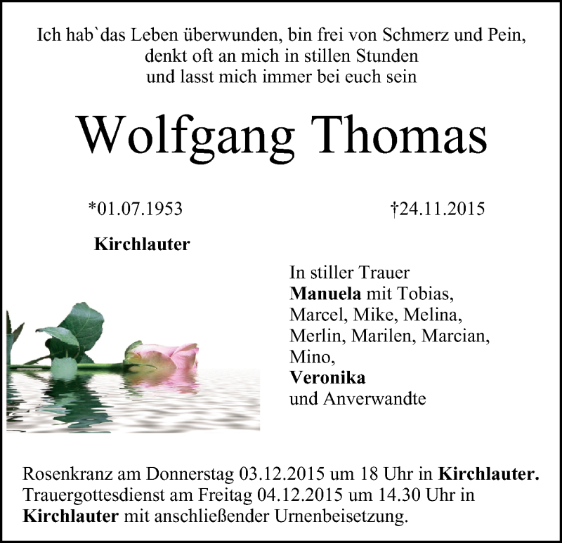  Traueranzeige für Wolfgang Thomas vom 01.12.2015 aus MGO