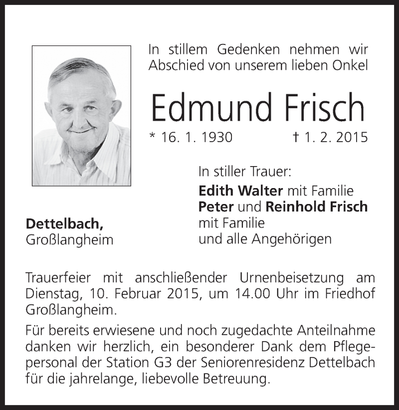  Traueranzeige für Edmund Frisch vom 07.02.2015 aus MGO