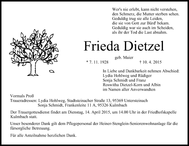  Traueranzeige für Frieda Dietzel vom 11.04.2015 aus MGO