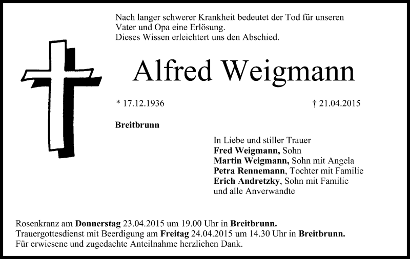  Traueranzeige für Alfred Weigmann vom 22.04.2015 aus MGO