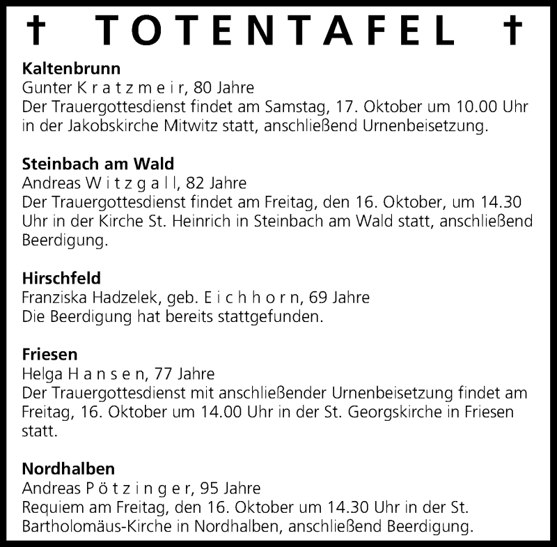 Traueranzeige für Totentafel vom 16.10.2015 vom 16.10.2015 aus MGO