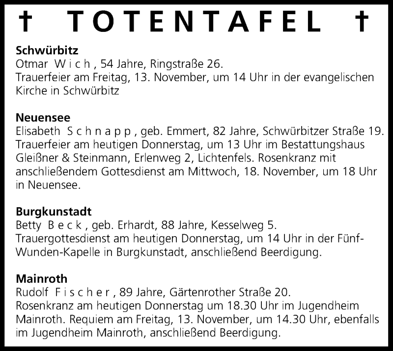  Traueranzeige für Totentafel vom 12.11.2015 vom 12.11.2015 aus MGO