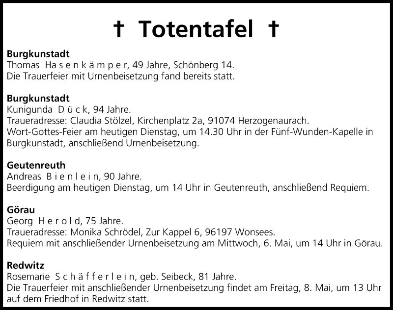  Traueranzeige für Totentafel 05.05.2015 vom 05.05.2015 aus MGO