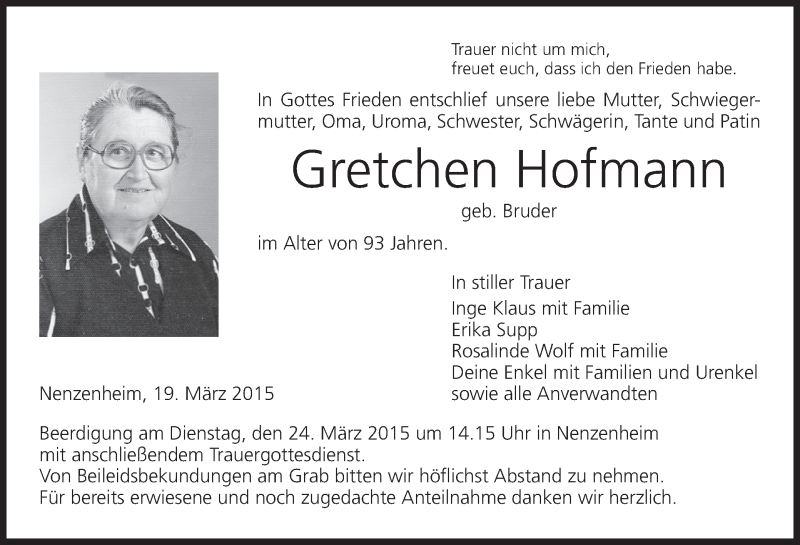  Traueranzeige für Gretchen Hofmann vom 21.03.2015 aus MGO