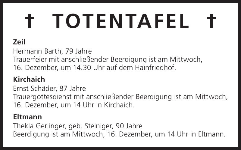  Traueranzeige für Totentafel vom 15.12.2015 vom 15.12.2015 aus MGO