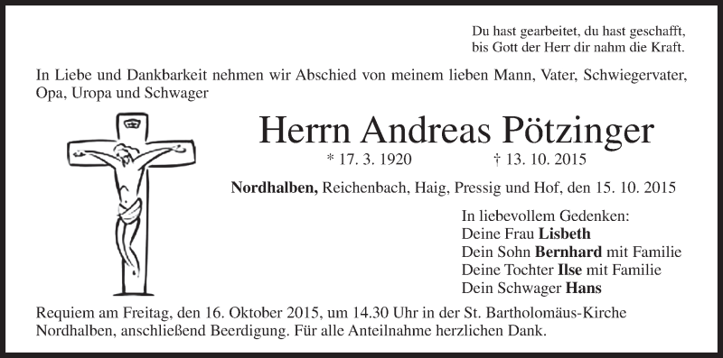  Traueranzeige für Andreas Pötzinger vom 15.10.2015 aus MGO