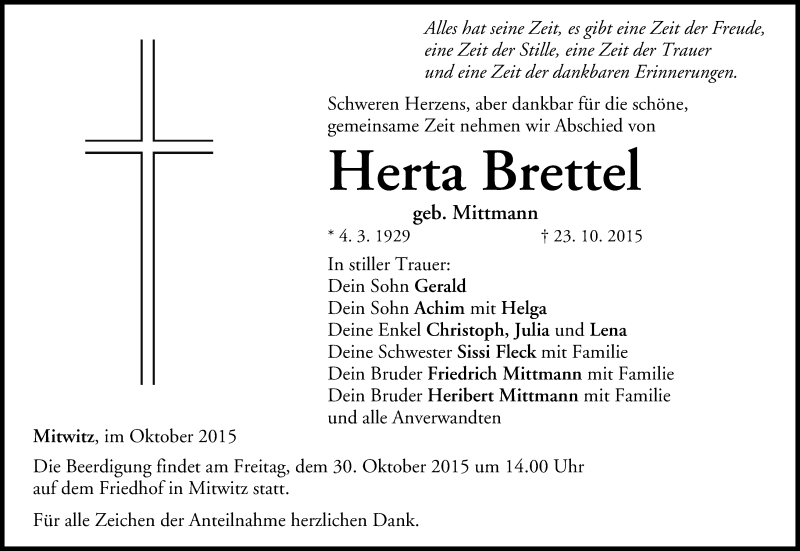  Traueranzeige für Herta Brettel vom 24.10.2015 aus MGO