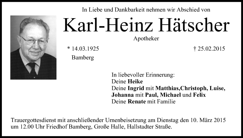  Traueranzeige für Karl-Heinz Hätscher vom 07.03.2015 aus MGO
