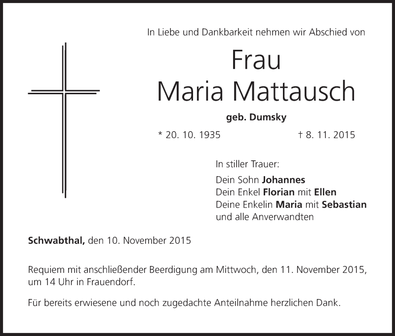  Traueranzeige für Maria Mattausch vom 10.11.2015 aus MGO