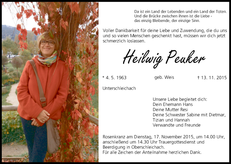  Traueranzeige für Heilwig Peuker vom 16.11.2015 aus MGO