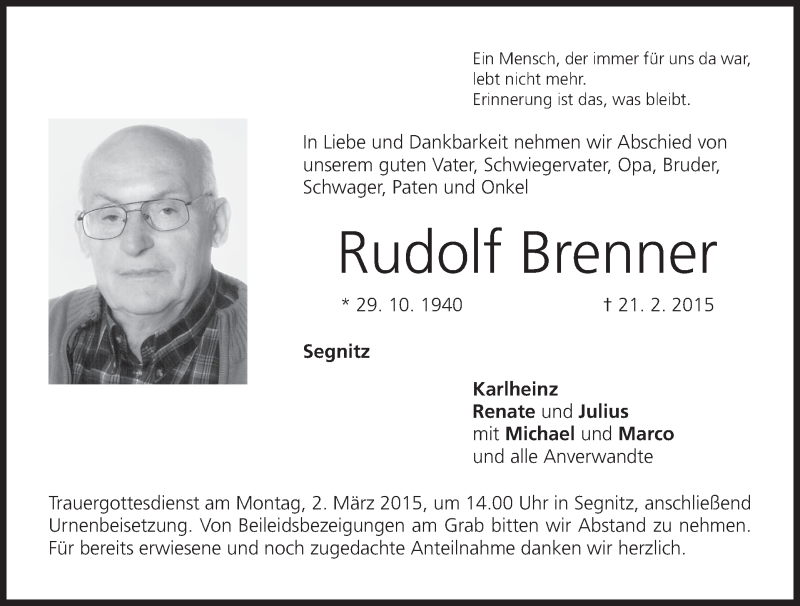  Traueranzeige für Rudolf Brenner vom 24.02.2015 aus MGO