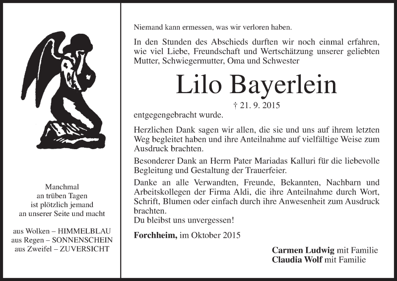  Traueranzeige für Lilo Bayerlein vom 02.10.2015 aus MGO