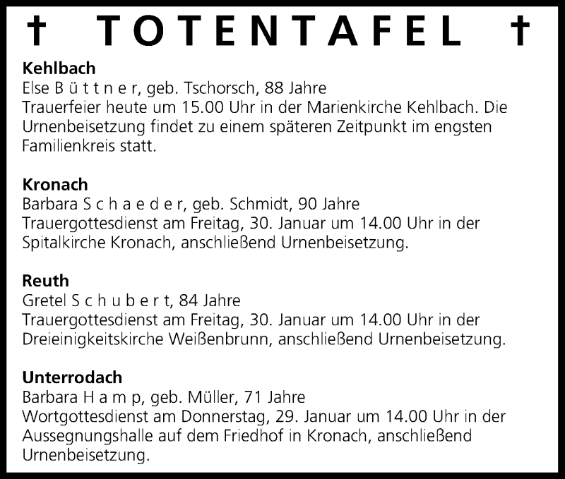  Traueranzeige für Totentafel vom 29.01.2015 vom 29.01.2015 aus MGO