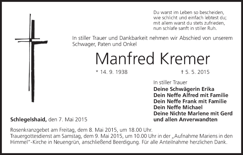  Traueranzeige für Manfred Kremer vom 07.05.2015 aus MGO
