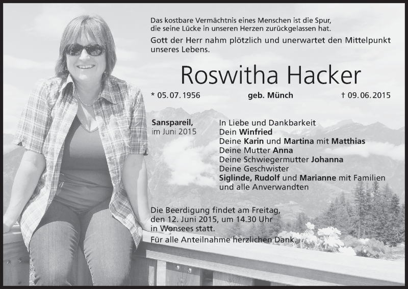  Traueranzeige für Roswitha Hacker vom 11.06.2015 aus MGO