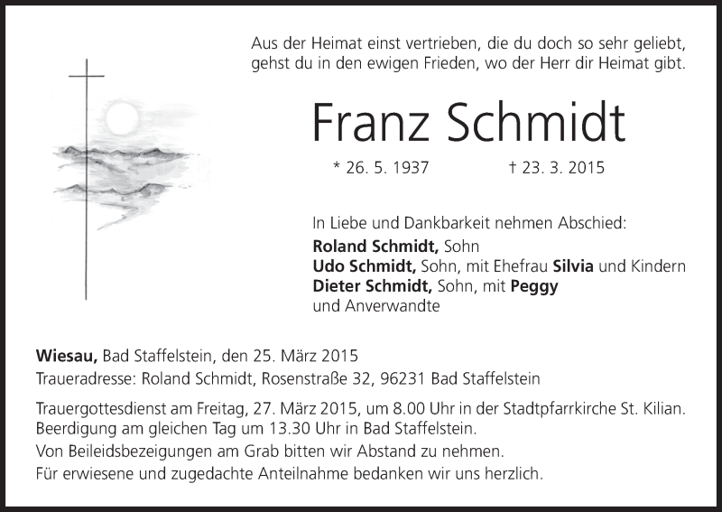  Traueranzeige für Franz Schmidt vom 25.03.2015 aus MGO
