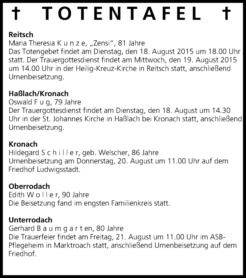  Traueranzeige für Totentafel vom 18.08.2015 vom 18.08.2015 aus MGO