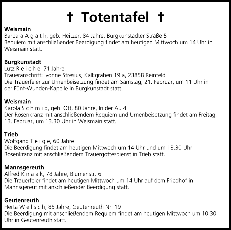  Traueranzeige für Totentafel 11.02.2015 vom 11.02.2015 aus MGO