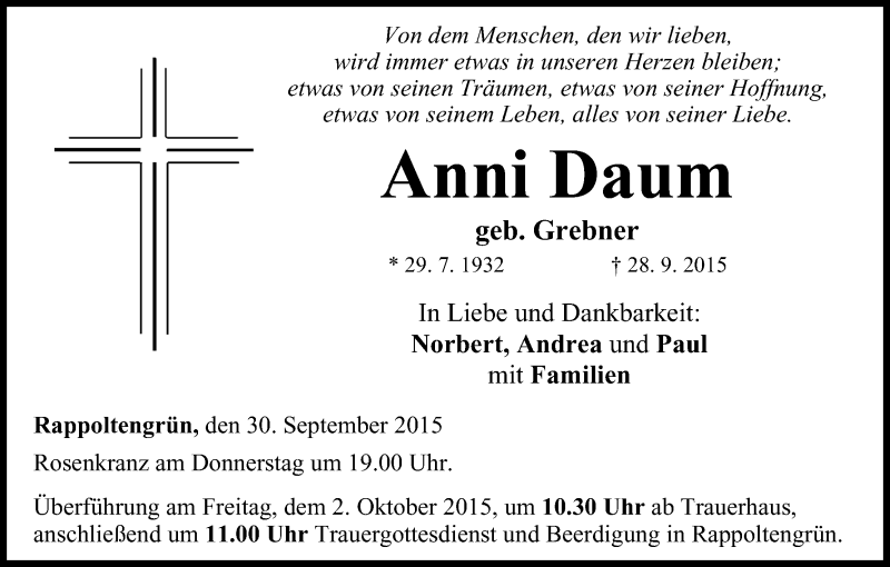  Traueranzeige für Anni Daum vom 30.09.2015 aus MGO
