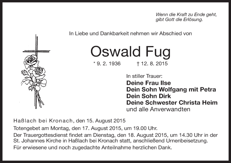  Traueranzeige für Oswald Fug vom 15.08.2015 aus MGO
