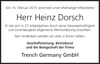 Anzeige von Heinz Dorsch von MGO