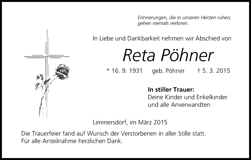  Traueranzeige für Reta Pöhner vom 21.03.2015 aus MGO