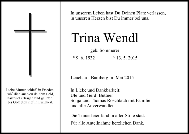  Traueranzeige für Trina Wendl Sommerer vom 22.05.2015 aus MGO