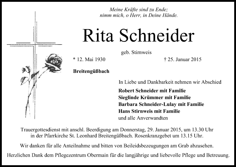  Traueranzeige für Rita Schneider vom 27.01.2015 aus MGO