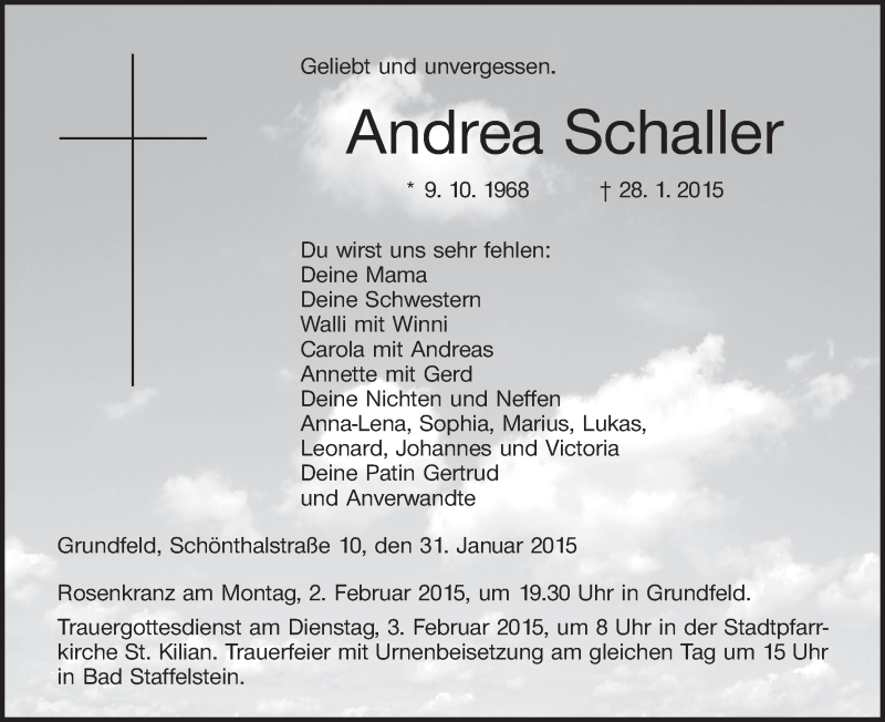  Traueranzeige für Andrea Schaller vom 31.01.2015 aus MGO