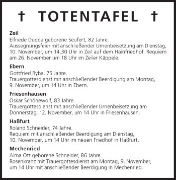Anzeige von Totentafel vom 09.11.2015 von MGO