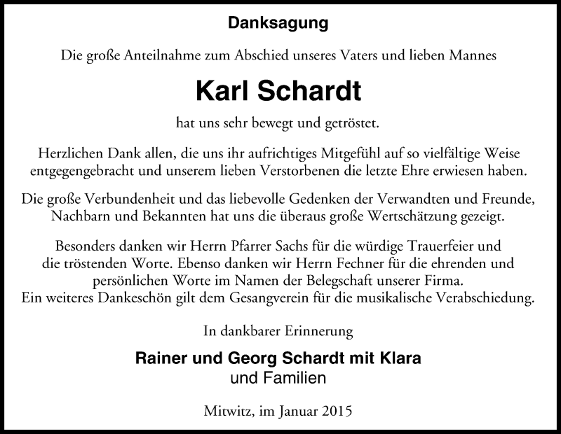  Traueranzeige für Karl Schardt vom 23.01.2015 aus MGO