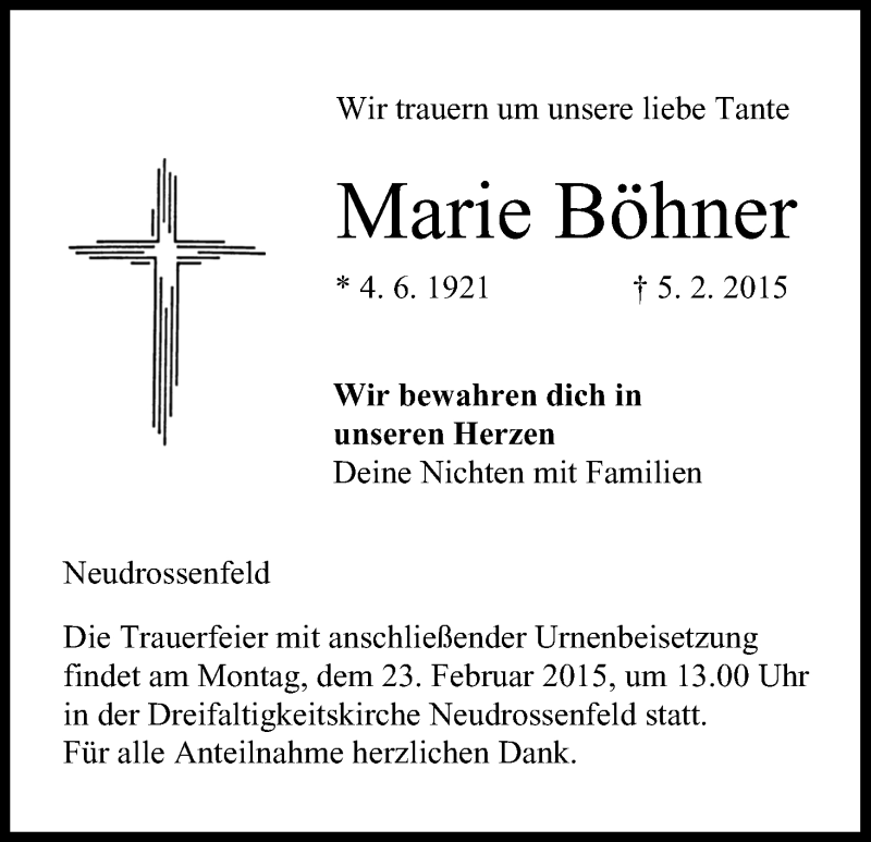  Traueranzeige für Marie Böhner vom 11.02.2015 aus MGO