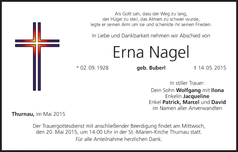  Traueranzeige für Erna Nagel vom 18.05.2015 aus MGO
