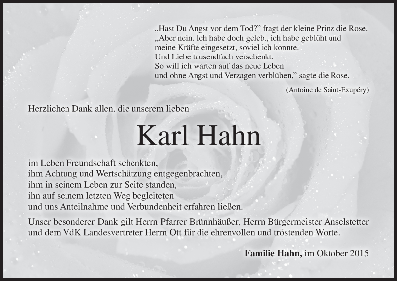  Traueranzeige für Karl Hahn vom 19.10.2015 aus MGO