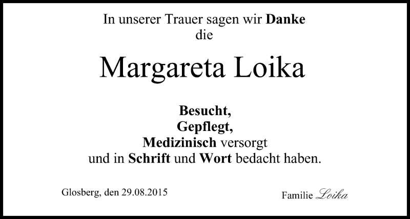  Traueranzeige für Margareta Loika vom 29.08.2015 aus MGO