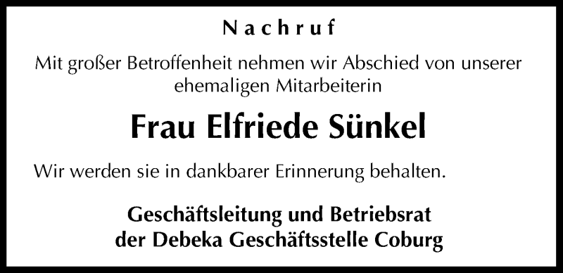  Traueranzeige für Elfriede Sünkel vom 16.01.2015 aus MGO