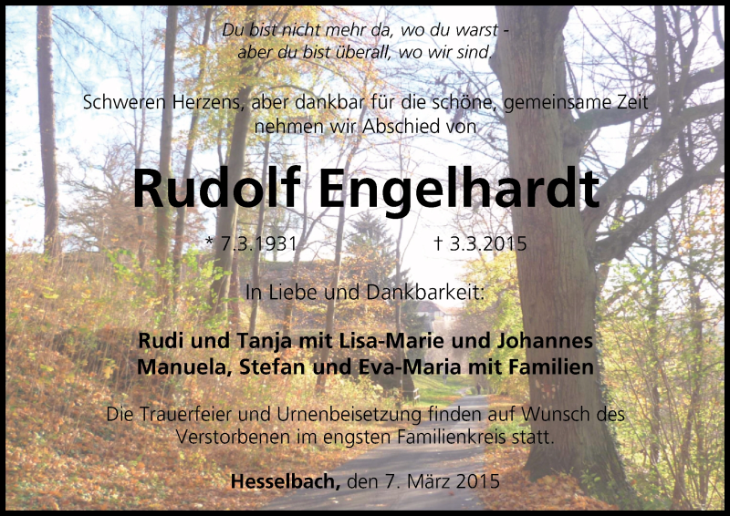  Traueranzeige für Rudolf Engelhardt vom 07.03.2015 aus MGO