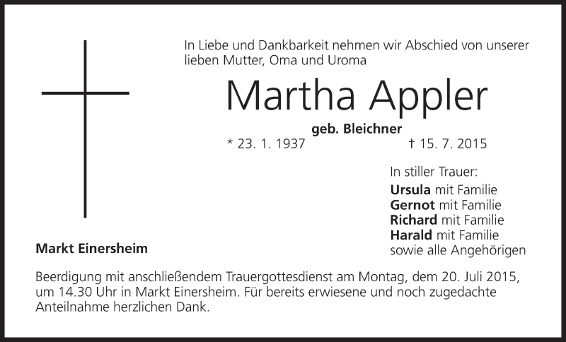  Traueranzeige für Martha Appler vom 17.07.2015 aus MGO