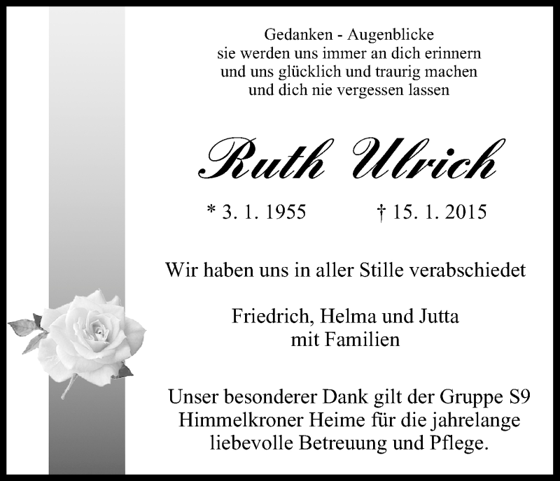  Traueranzeige für Ruth Ulrich vom 24.01.2015 aus MGO