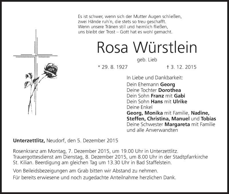  Traueranzeige für Rosa Würstlein vom 05.12.2015 aus MGO