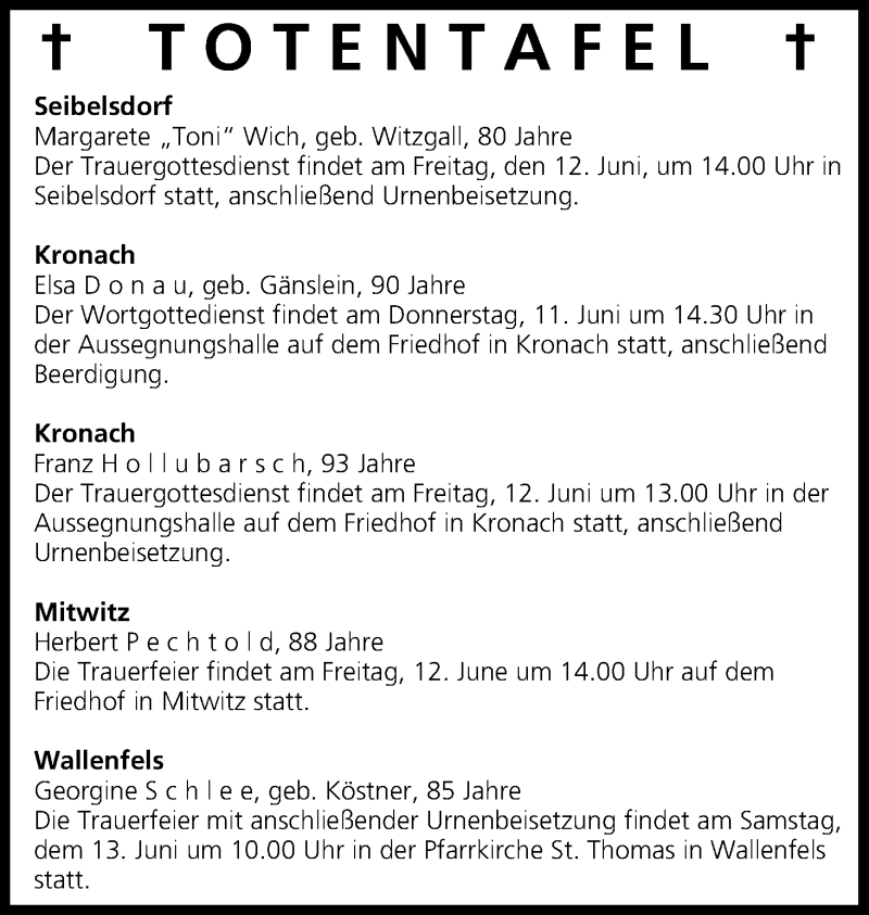  Traueranzeige für Totentafel vom 11.06.2015 vom 11.06.2015 aus MGO