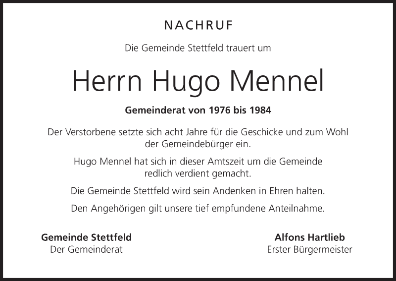  Traueranzeige für Hugo Mennel vom 17.09.2015 aus MGO