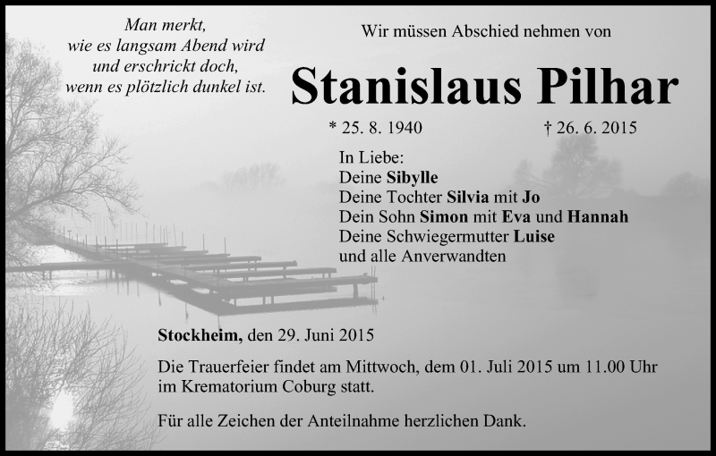  Traueranzeige für Stanislaus Pilhar vom 29.06.2015 aus MGO