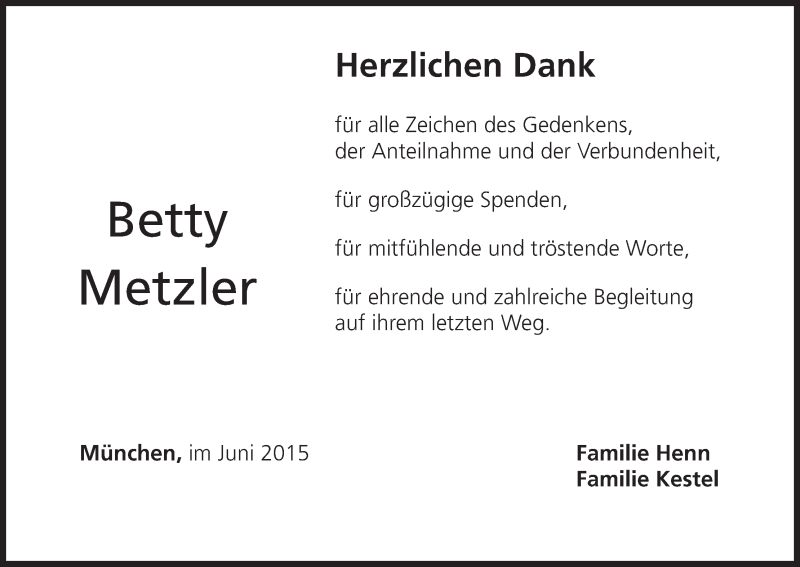  Traueranzeige für Betty Metzler vom 27.06.2015 aus MGO