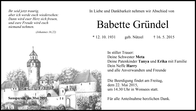  Traueranzeige für Babette Gründel vom 19.05.2015 aus MGO